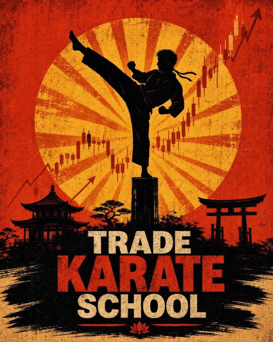 Trade Karate Schoolのポスタービジュアル。赤い太陽、チャート、空手の型を学ぶ人物のシルエット。